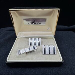 Vintage 60's Silver Tone Bar Anson Cufflinks and Tie Clip Set in Original Box